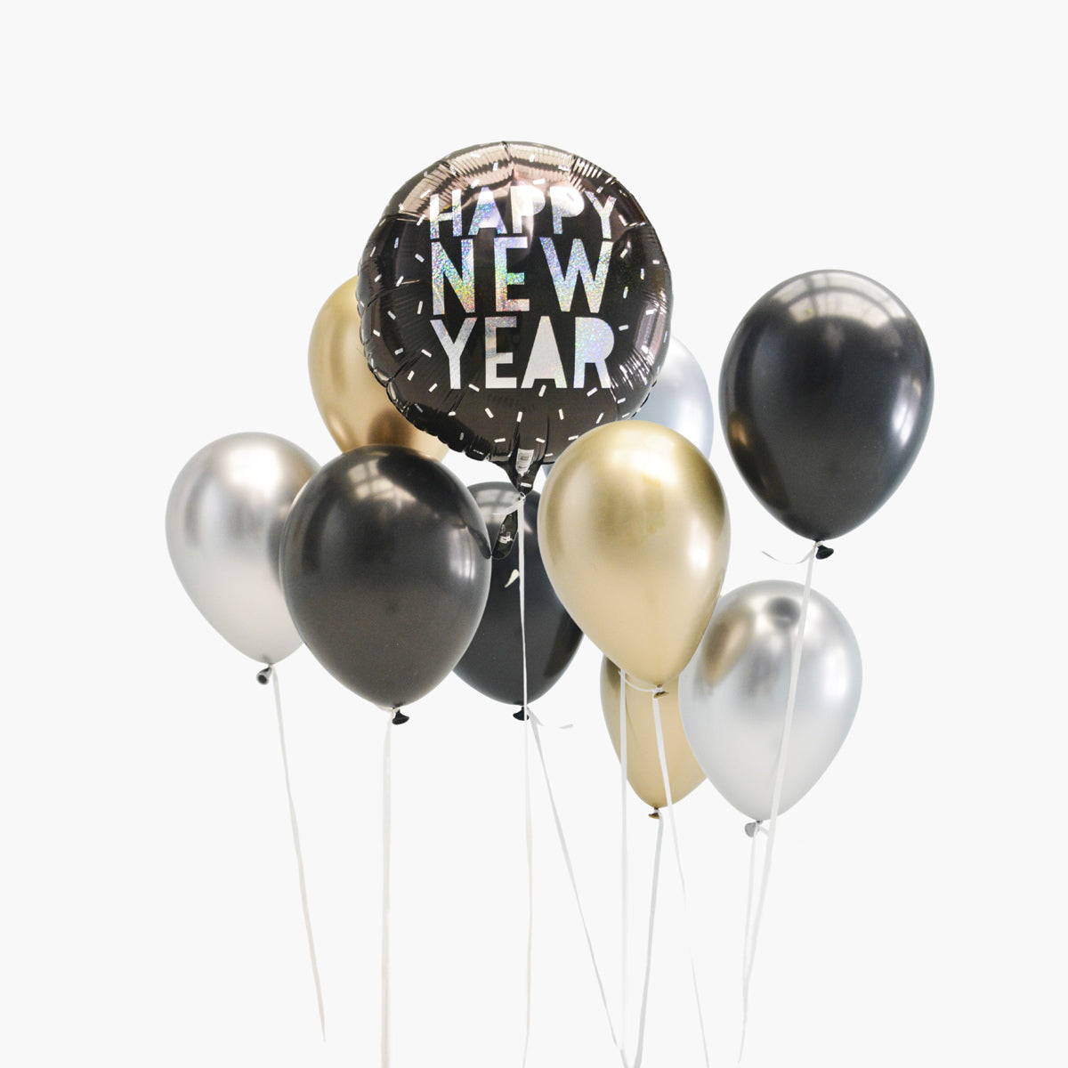 Happy New Year Balloon Bouquet - Modern New Year Party Decorations in Gold, Silver and Balck