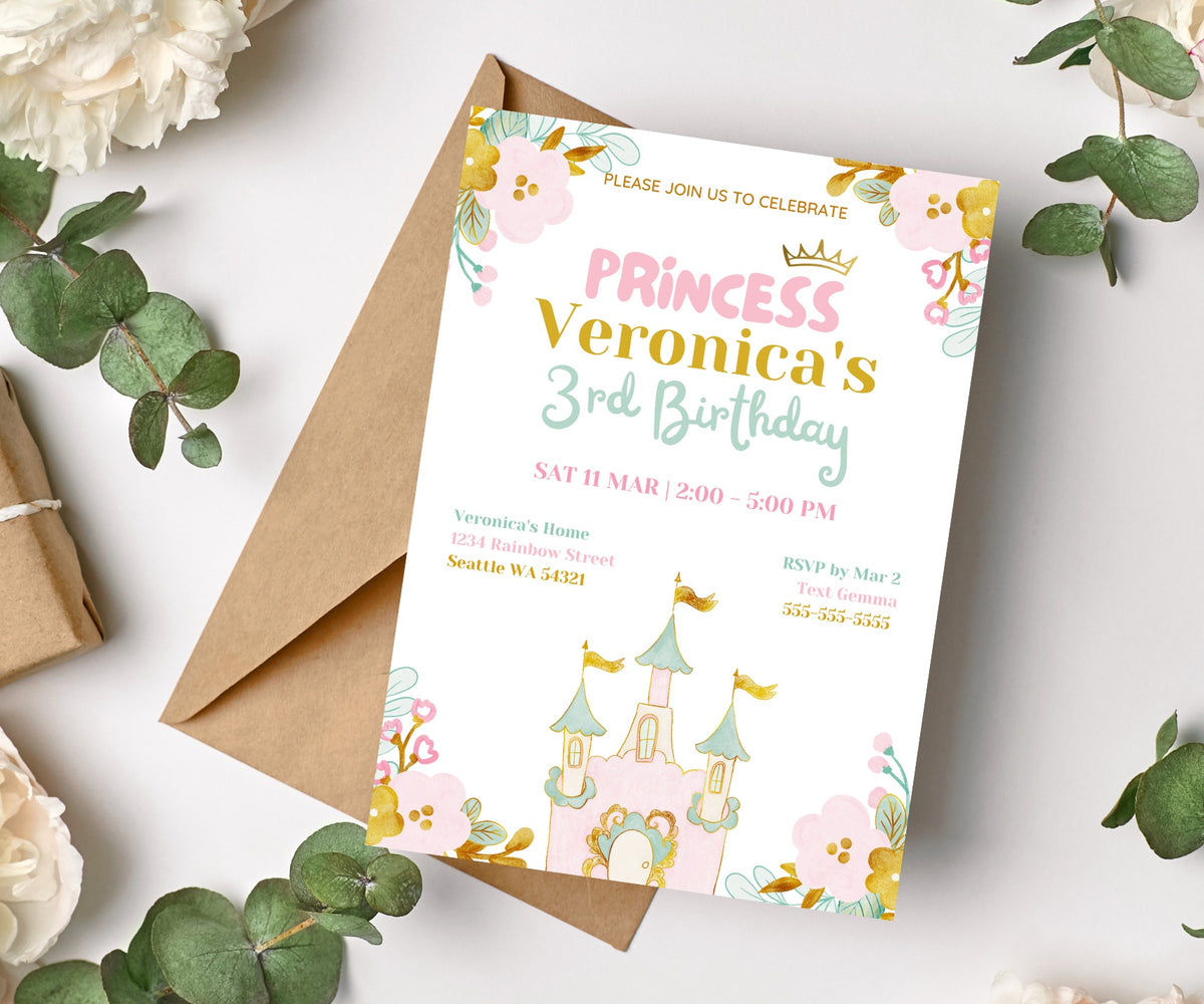 Editable Princess Birthday Party Digital Invitation Canva Template with Princess Castle and Flowers Illustrations