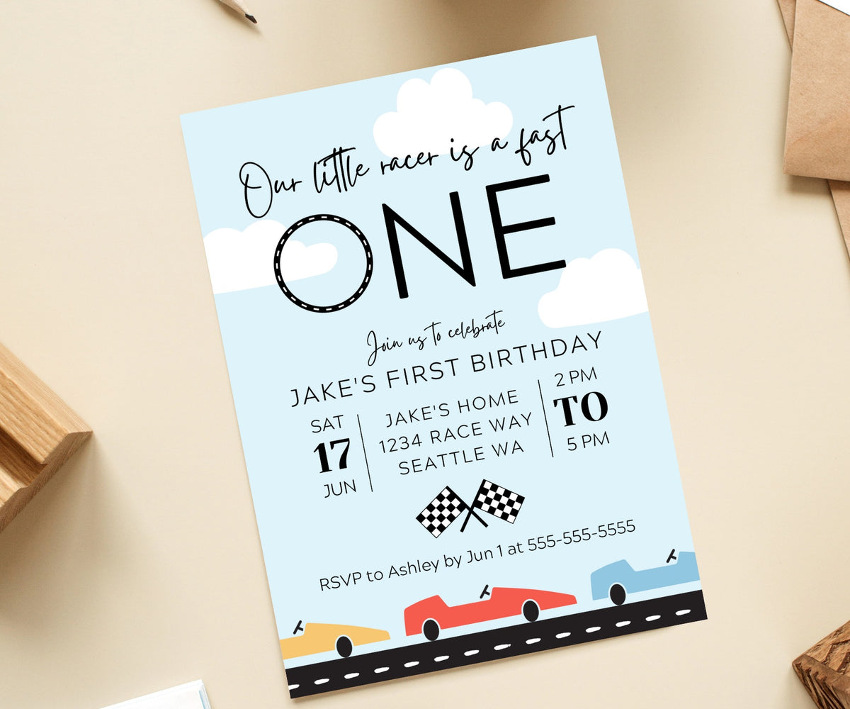Editable Digital Race Car 1st Birthday Invitation