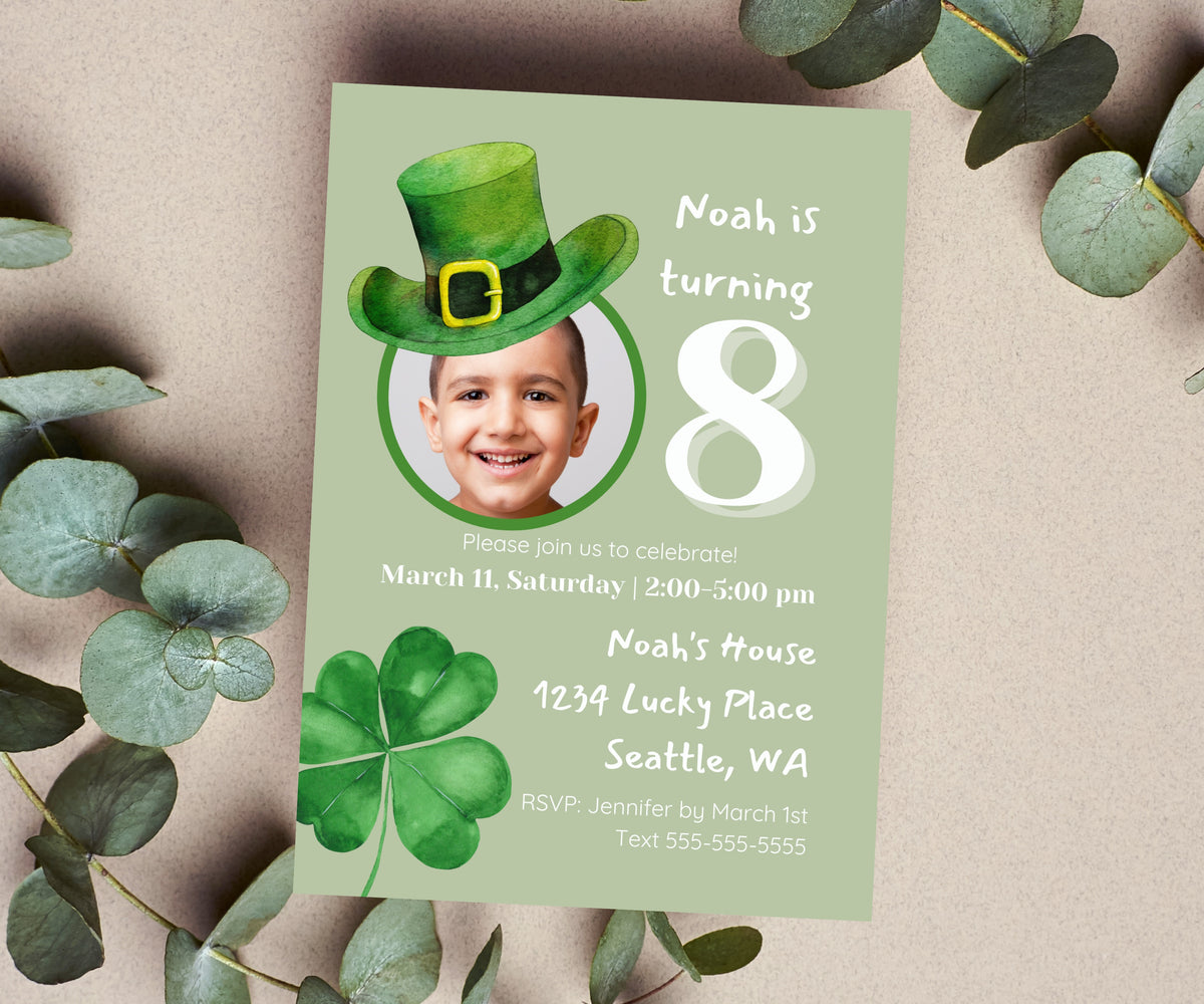 Editable Digital St Patrick's Day Photo Birthday Party Invitation - Irish Green Hat Shamrock Lucky Clover Birthday Party Canva Template