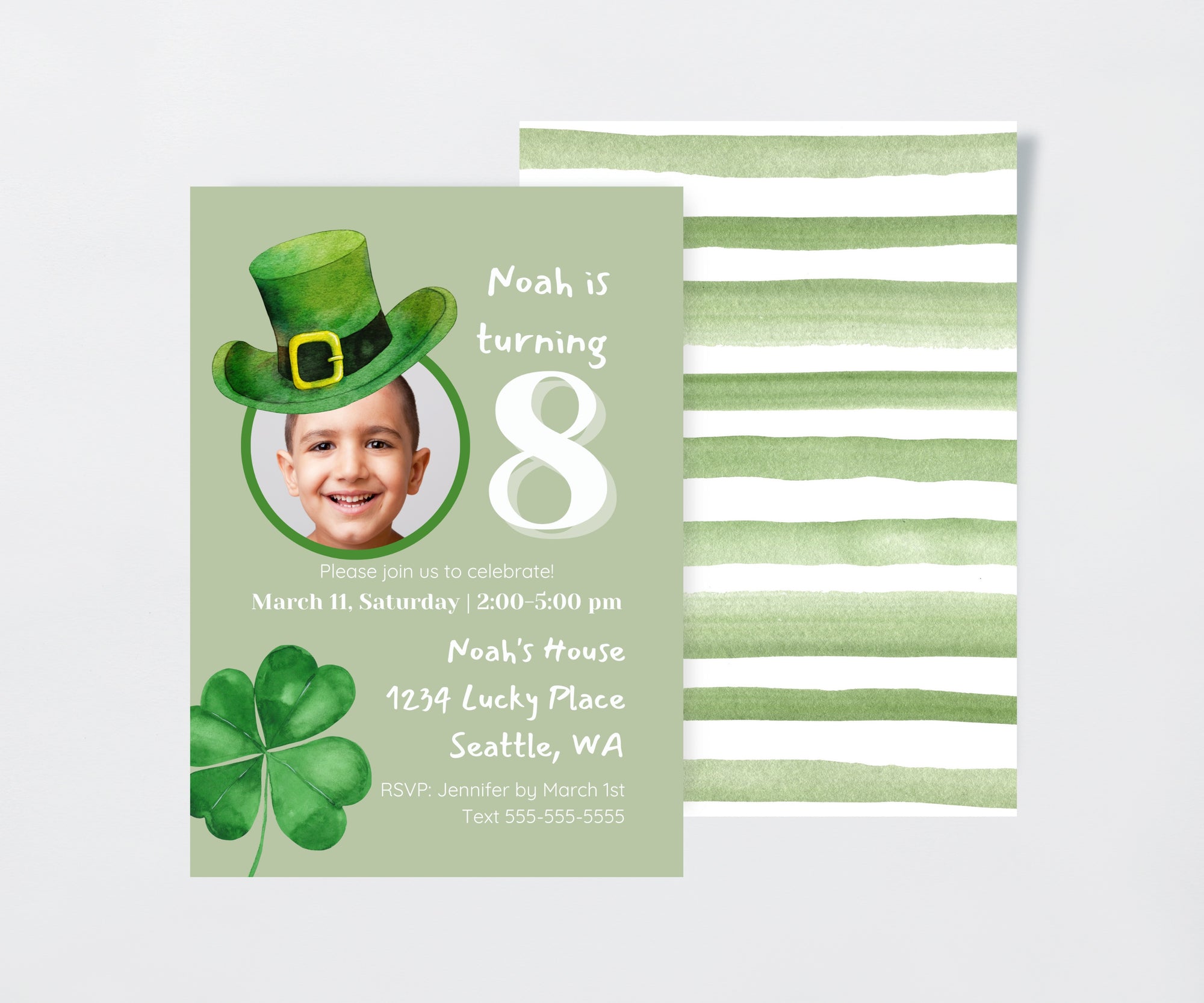 Editable Digital St Patrick's Day Photo Birthday Party Invitation - Irish Green Hat Shamrock Lucky Clover Birthday Party Canva Template