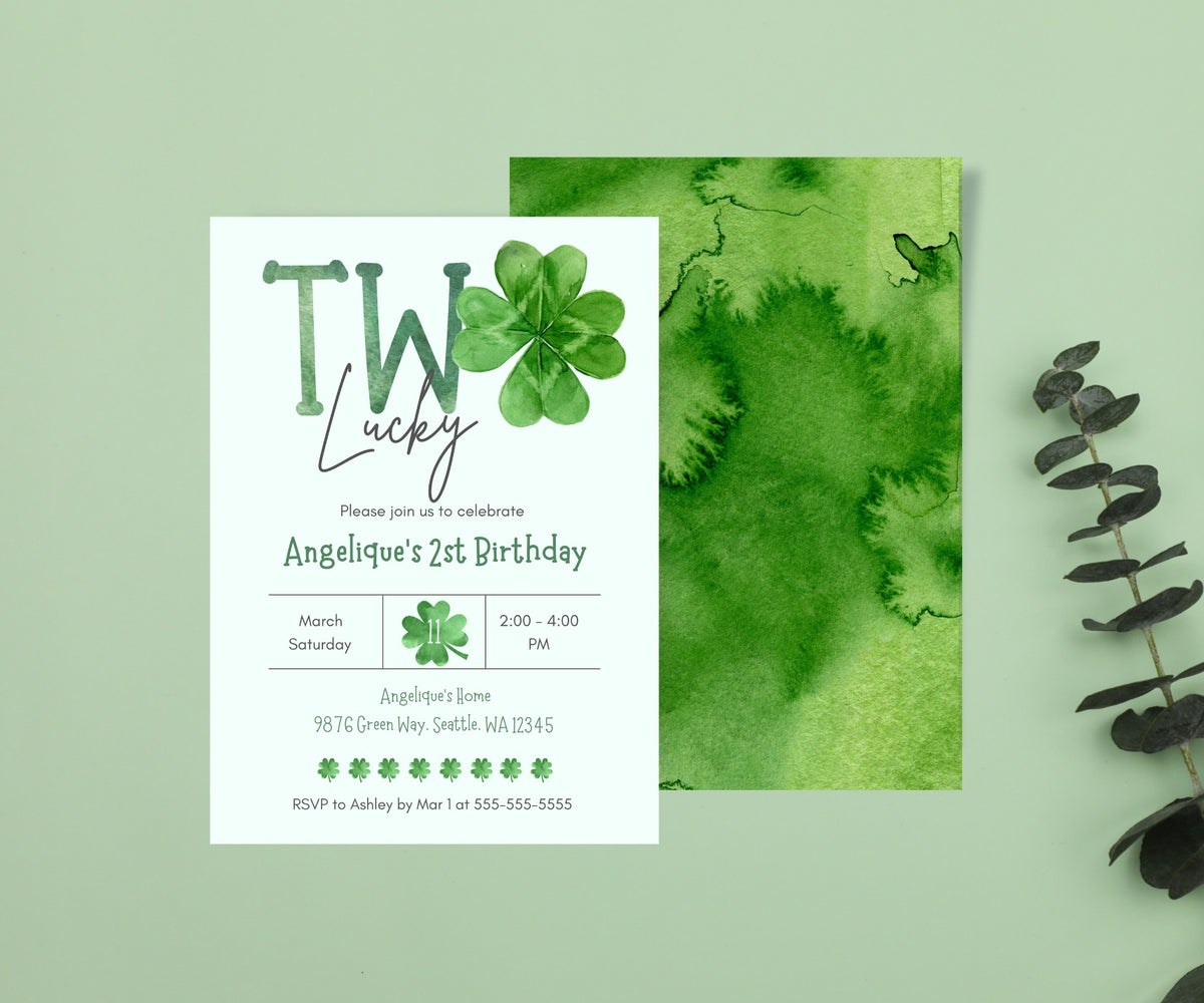 Editable Digital St Patrick's Day Two Lucky 2nd Birthday Invitation - Irish Baby Shamrock Lucky Clover Second Birthday Party Canva Template