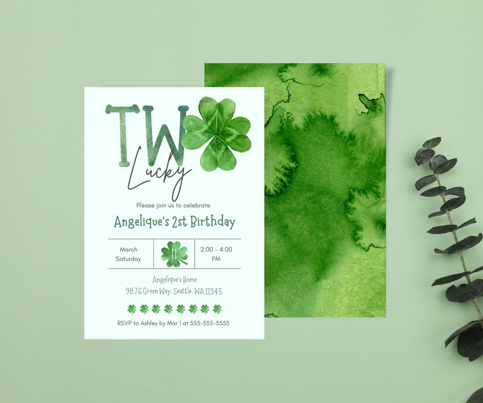 Editable Digital St Patrick's Day Two Lucky 2nd Birthday Invitation - Irish Baby Shamrock Lucky Clover Second Birthday Party Canva Template