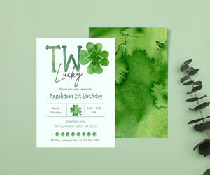 Editable Digital St Patrick's Day Two Lucky 2nd Birthday Invitation - Irish Baby Shamrock Lucky Clover Second Birthday Party Canva Template