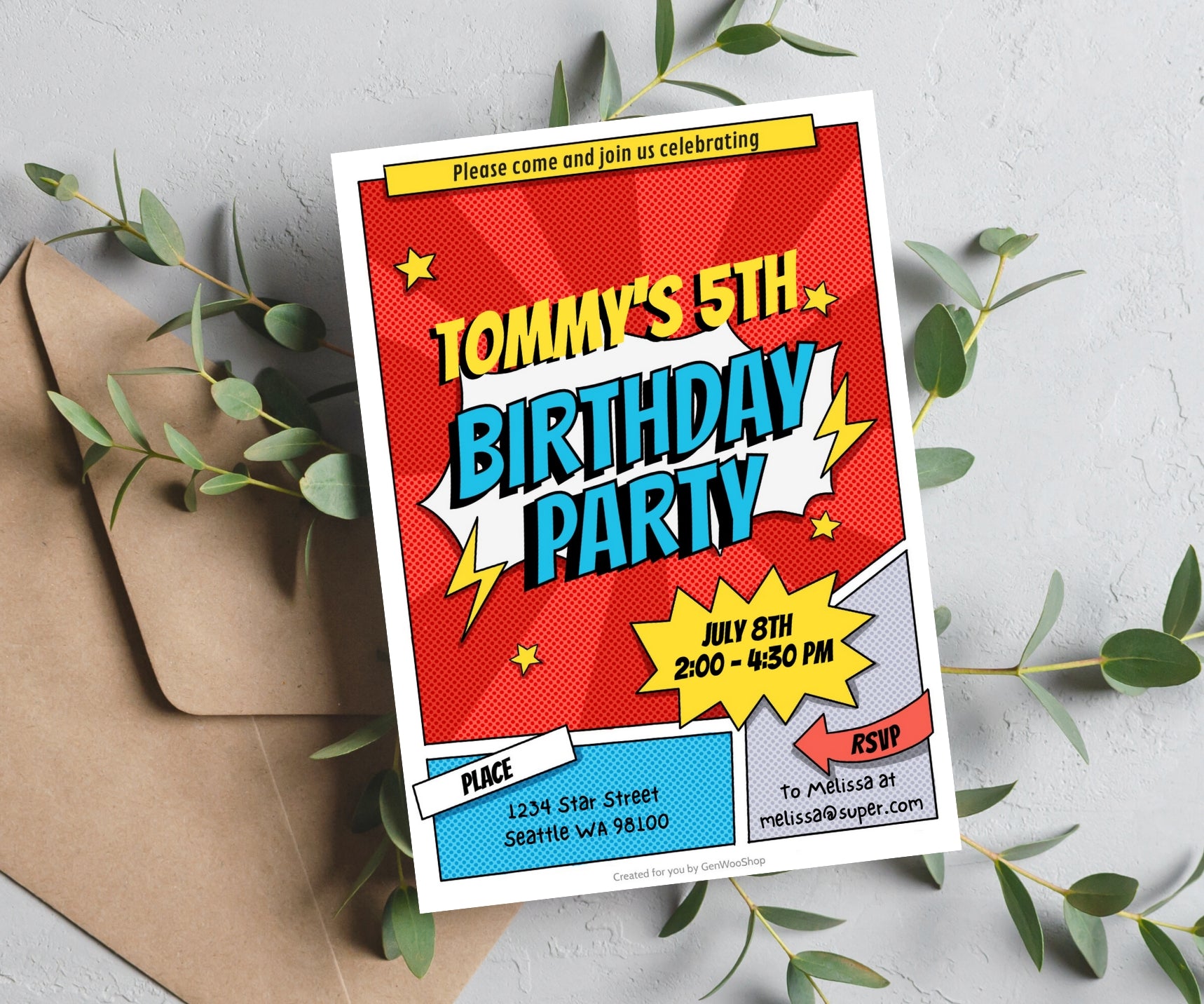 Editable Digital Superhero Birthday Party Invitation Canva Template