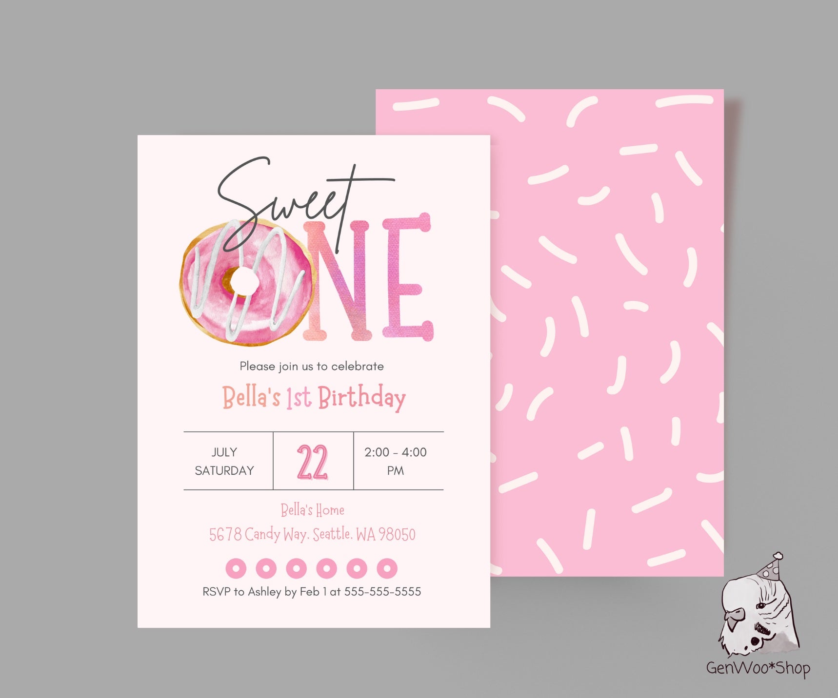 Editable Donut Sweet One 1st Birthday Party Invitation Canva Template with Watercolor Donut - Donut Grow Up First Birthday Invitation