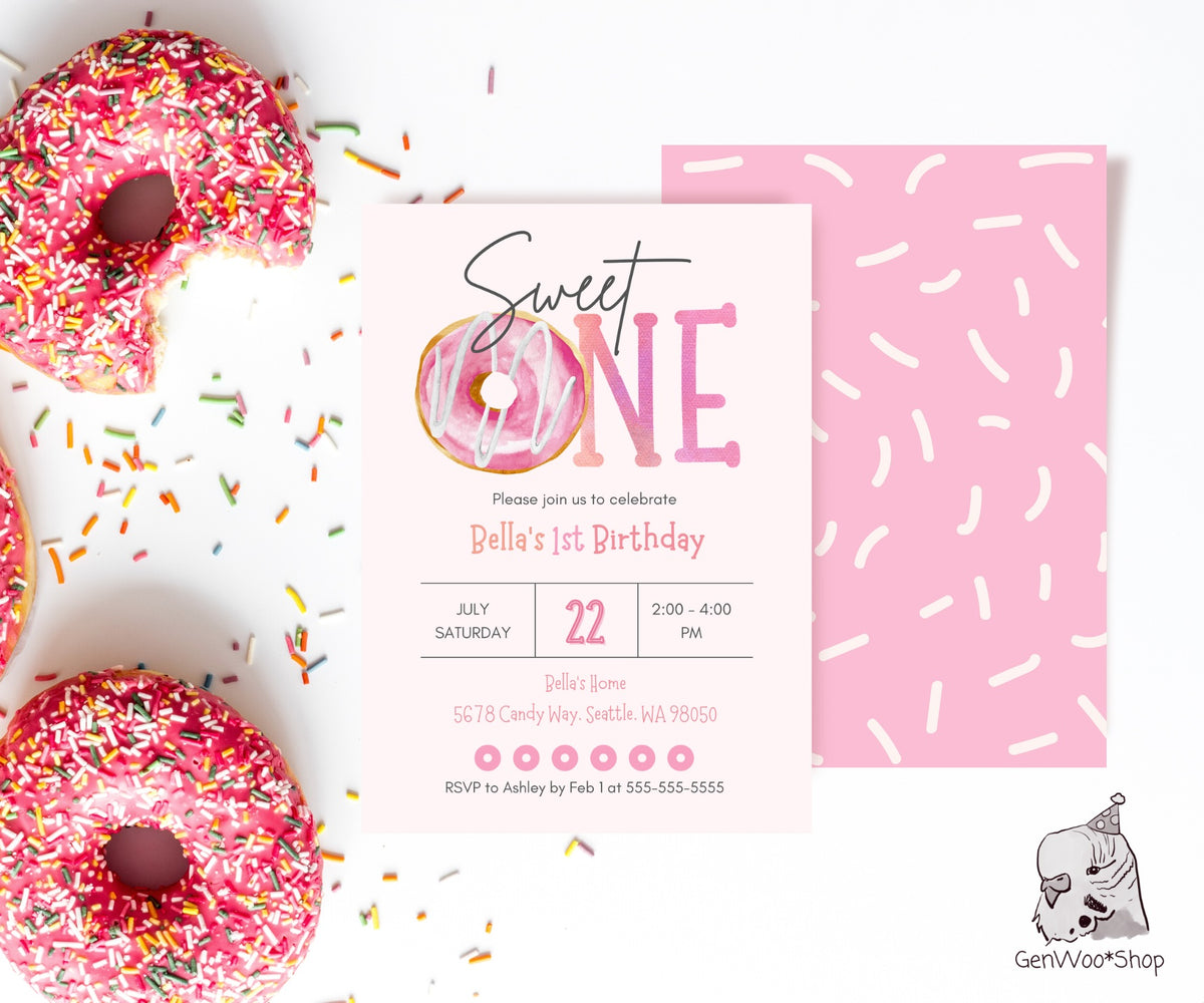 Editable Donut Sweet One 1st Birthday Party Invitation Canva Template with Watercolor Donut - Donut Grow Up First Birthday Invitation
