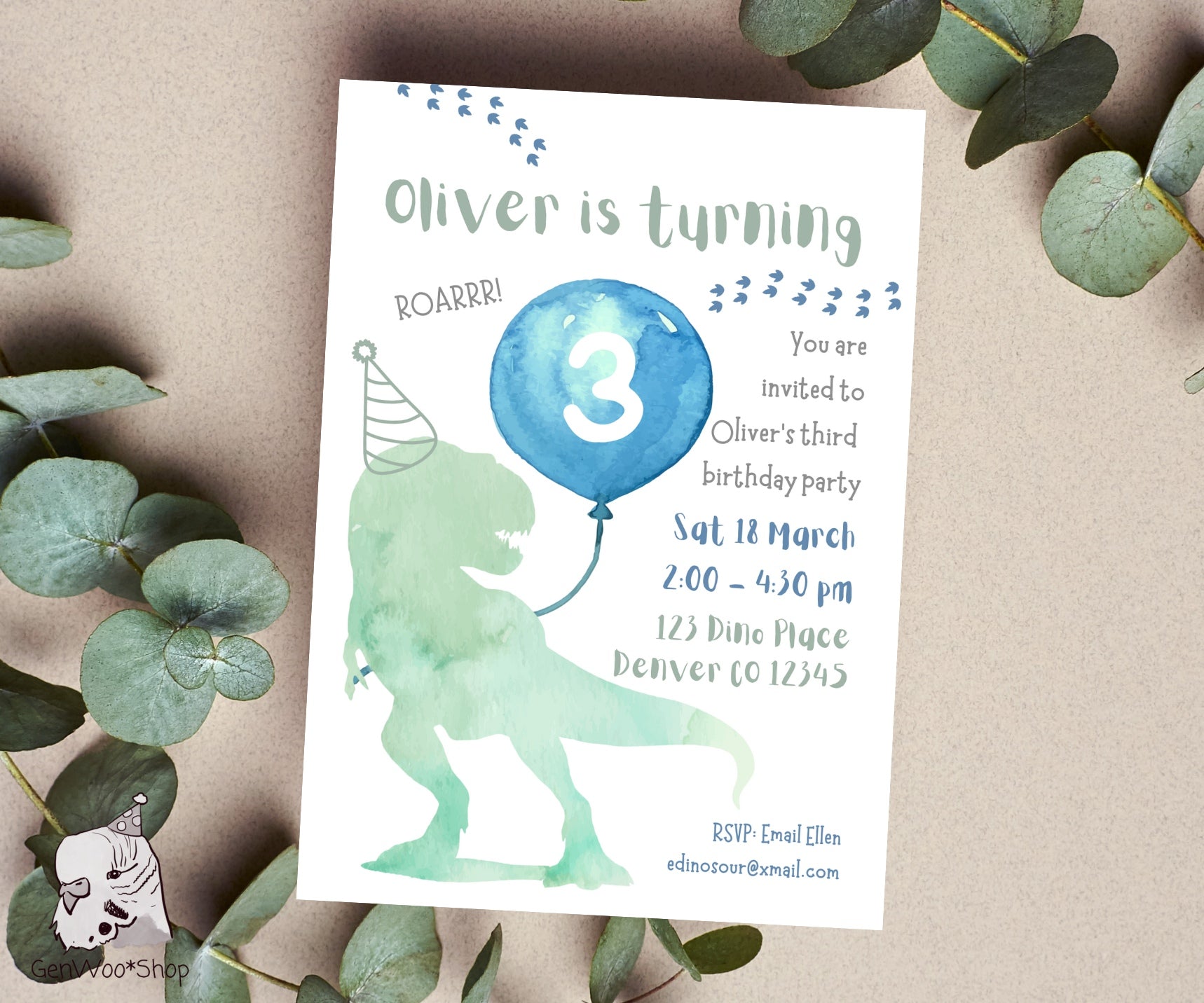 Editable Digital T-Rex Birthday Party Invitation Canva Template with Watercolor Dinosaur Illustrations