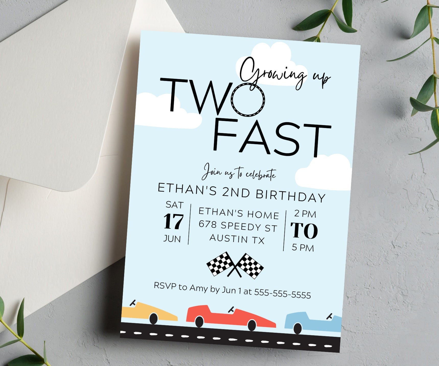 Editable Growing up Two Fast Birthday Invitation Race Car Two 
