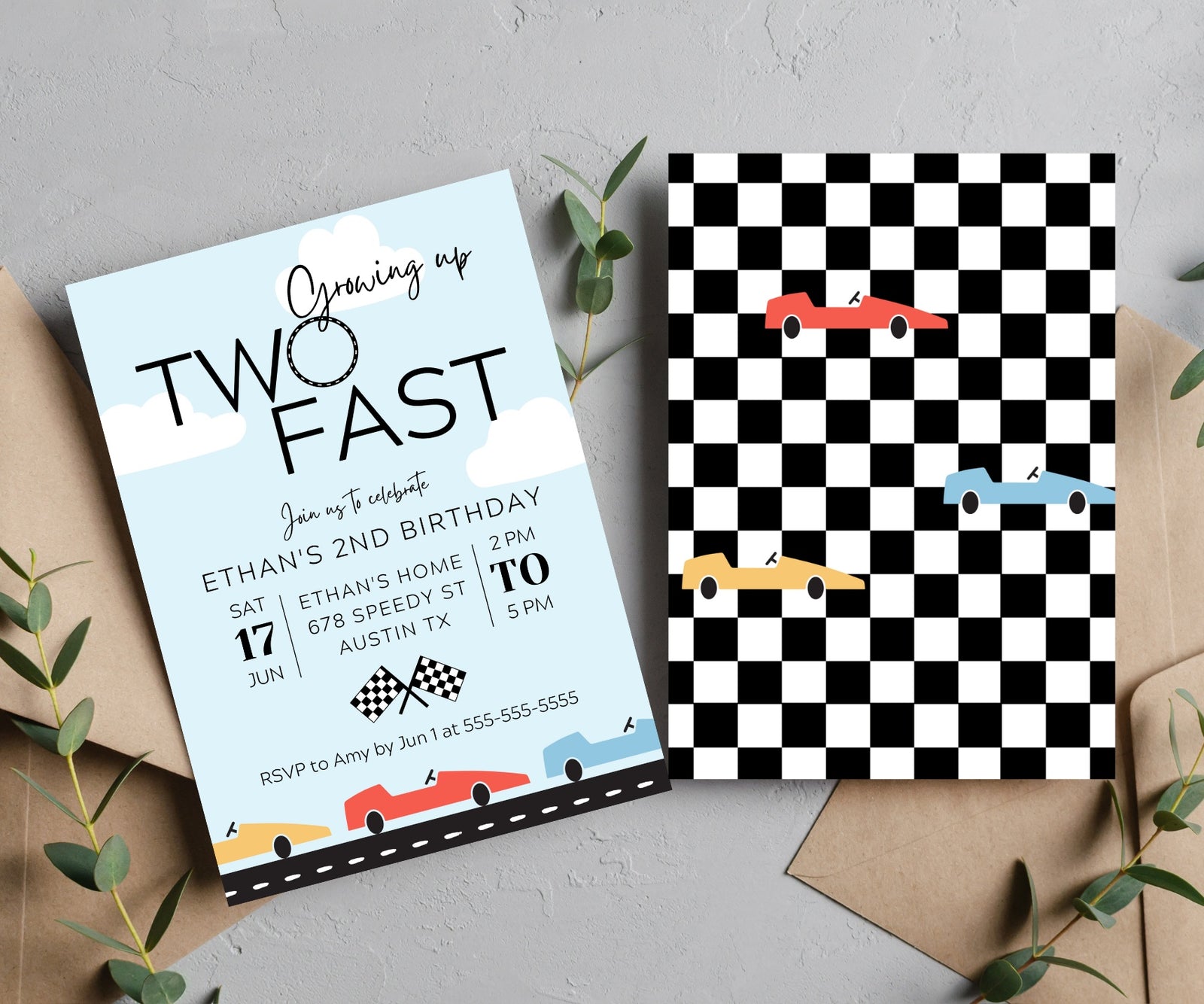 Editable Digital Two Fast Race Car 2nd Birthday Invitation