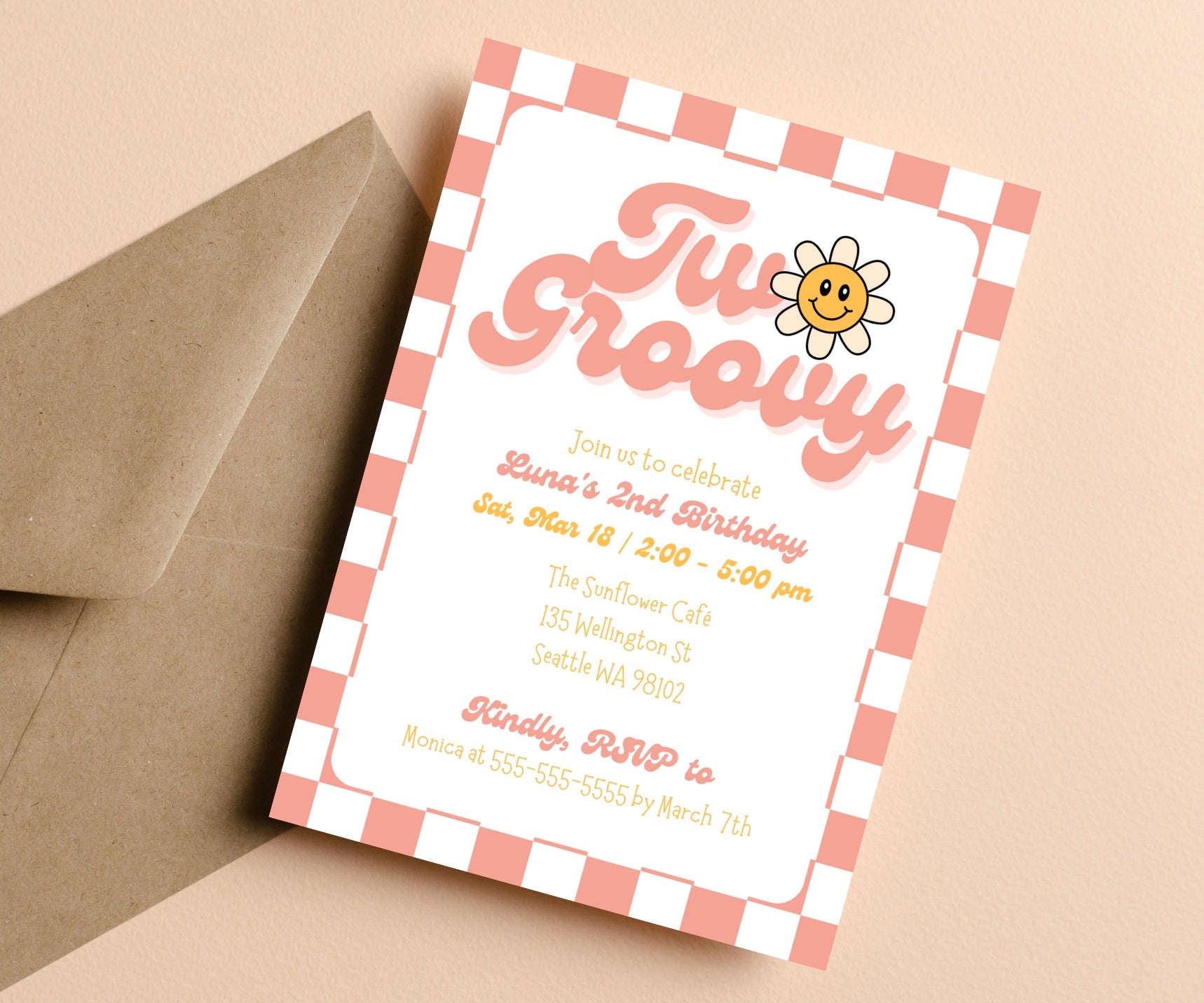 Editable Digital Two Groovy 2nd Birthday Party Invitation Canva Template