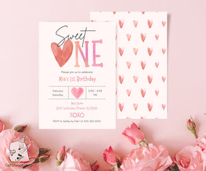 Editable Valentine's Day Sweet One 1st Birthday Party Invitation Canva Template with Pink Heart Illustrations