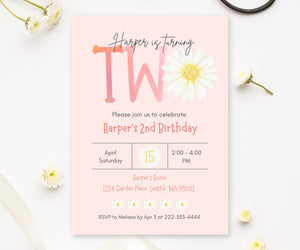 Editable Digital Blush Watercolor Daisy TWO 2nd Birthday Party Invitation - Canva Template