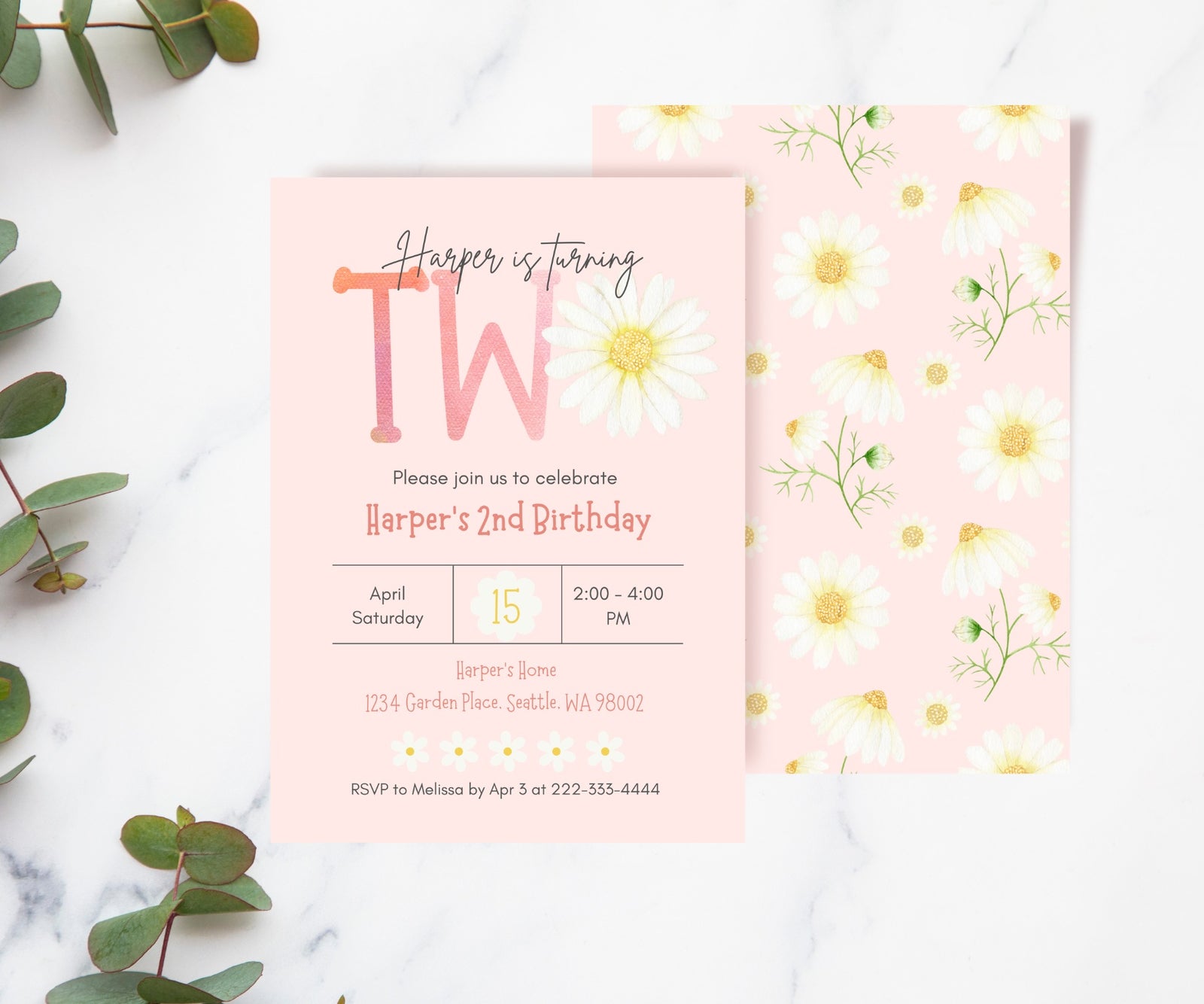 Editable Digital Blush Watercolor Daisy TWO 2nd Birthday Party Invitation - Canva Template