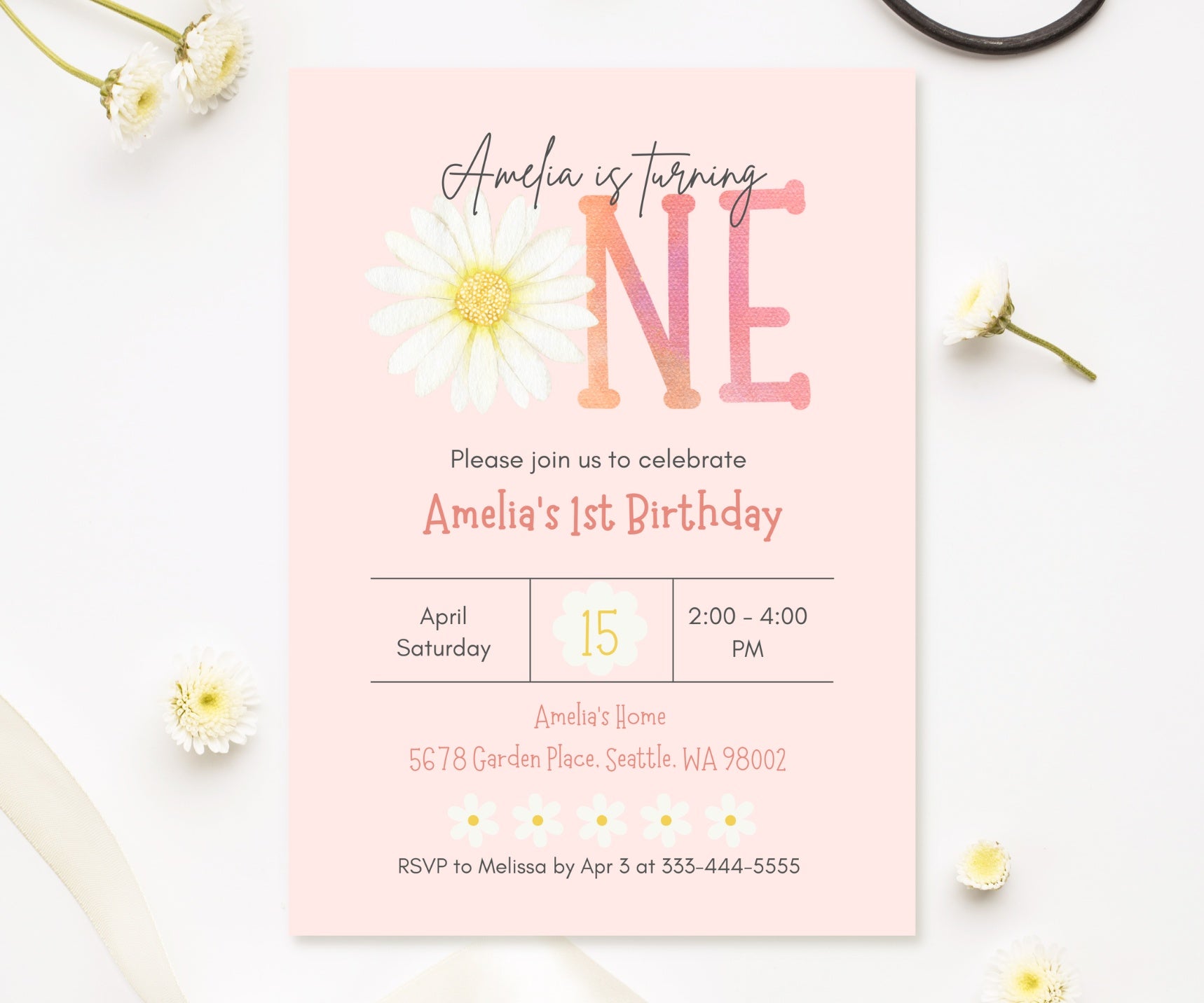 Editable Digital Blush Watercolor Daisy ONE 1st Birthday Party Invitation - Canva Template