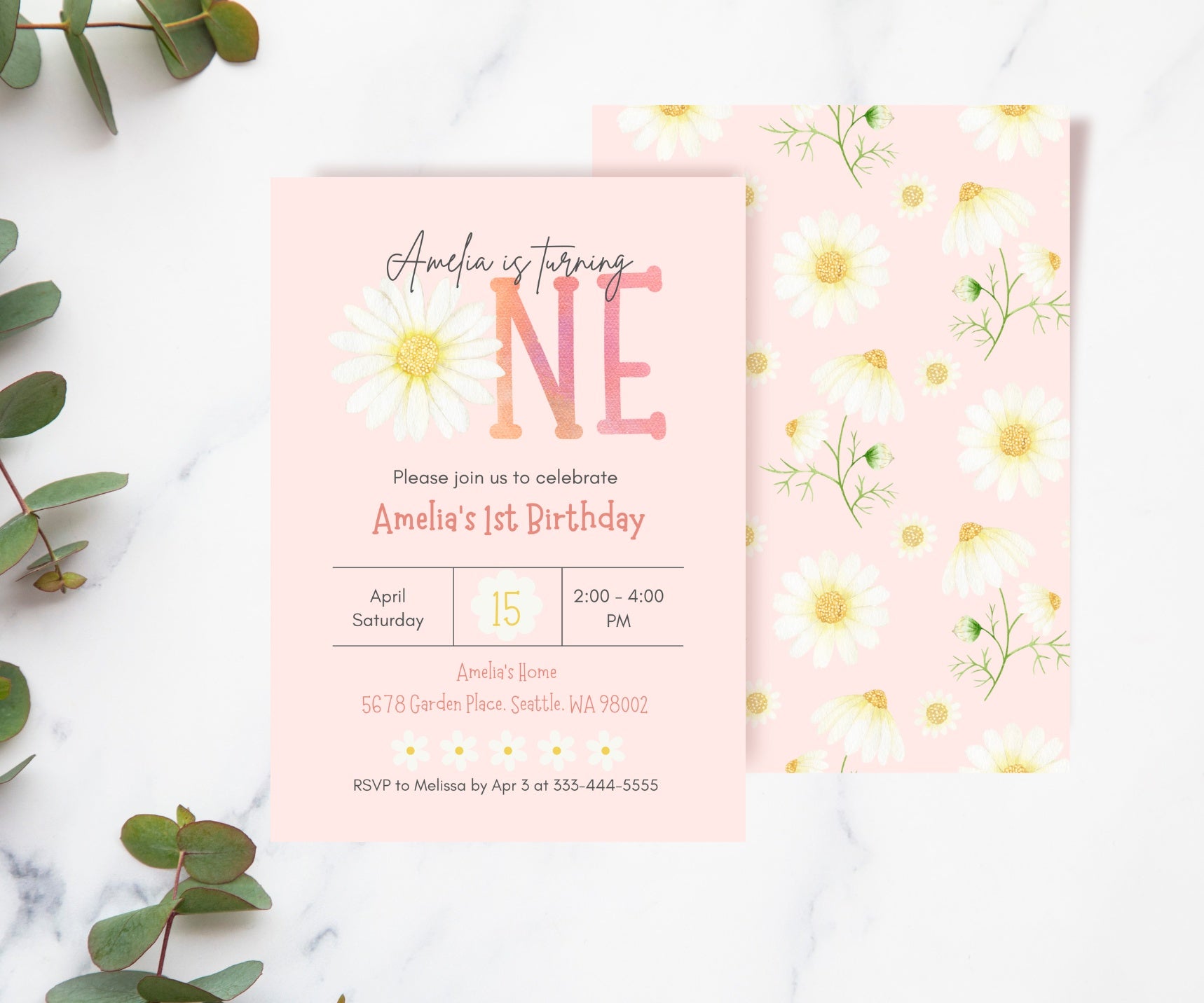 Editable Digital Blush Watercolor Daisy ONE 1st Birthday Party Invitation - Canva Template
