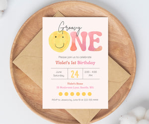 Editable Digital Watercolor Smile Face Groovy ONE 1st Birthday Party Invitation - Canva Template