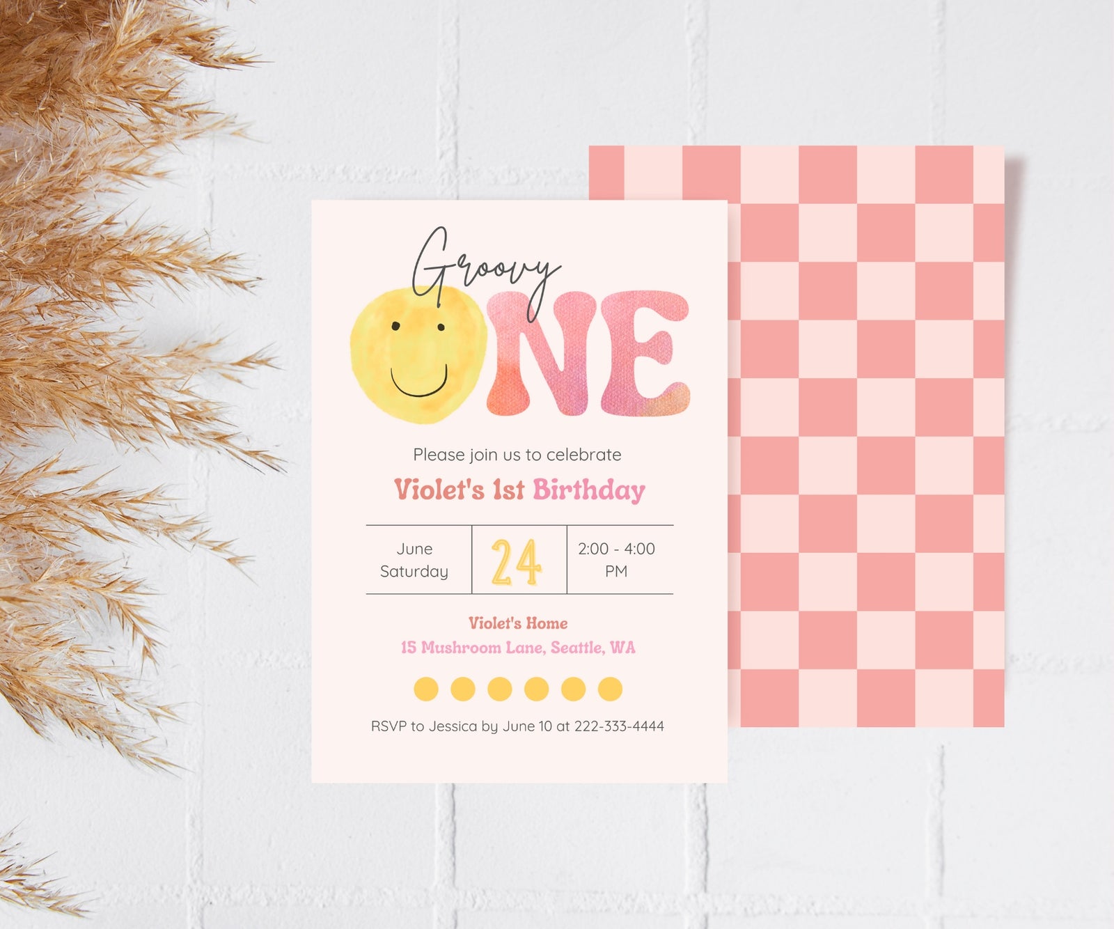 Editable Digital Watercolor Smile Face Groovy ONE 1st Birthday Party Invitation - Canva Template