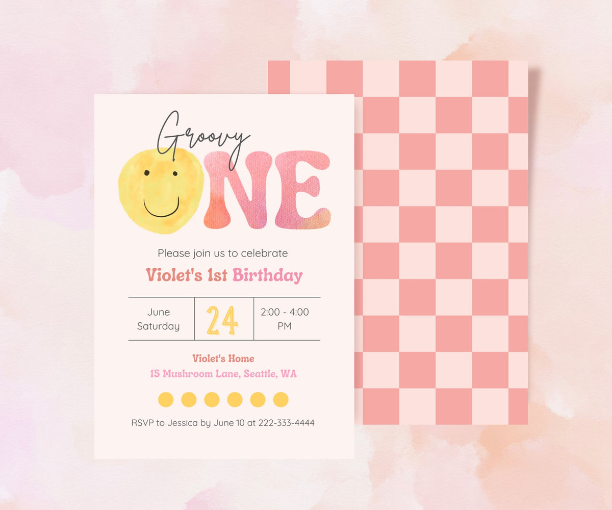 Editable Digital Watercolor Smile Face Groovy ONE 1st Birthday Party Invitation - Canva Template