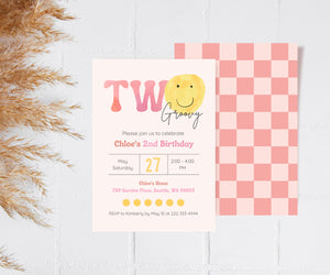Editable Digital Watercolor Smile Face TWO Groovy 2nd Birthday Party Invitation - Canva Template