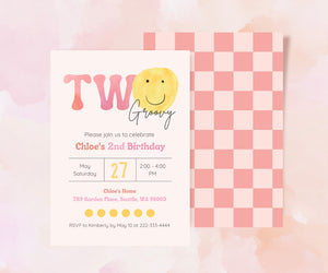 Editable Digital Watercolor Smile Face TWO Groovy 2nd Birthday Party Invitation - Canva Template