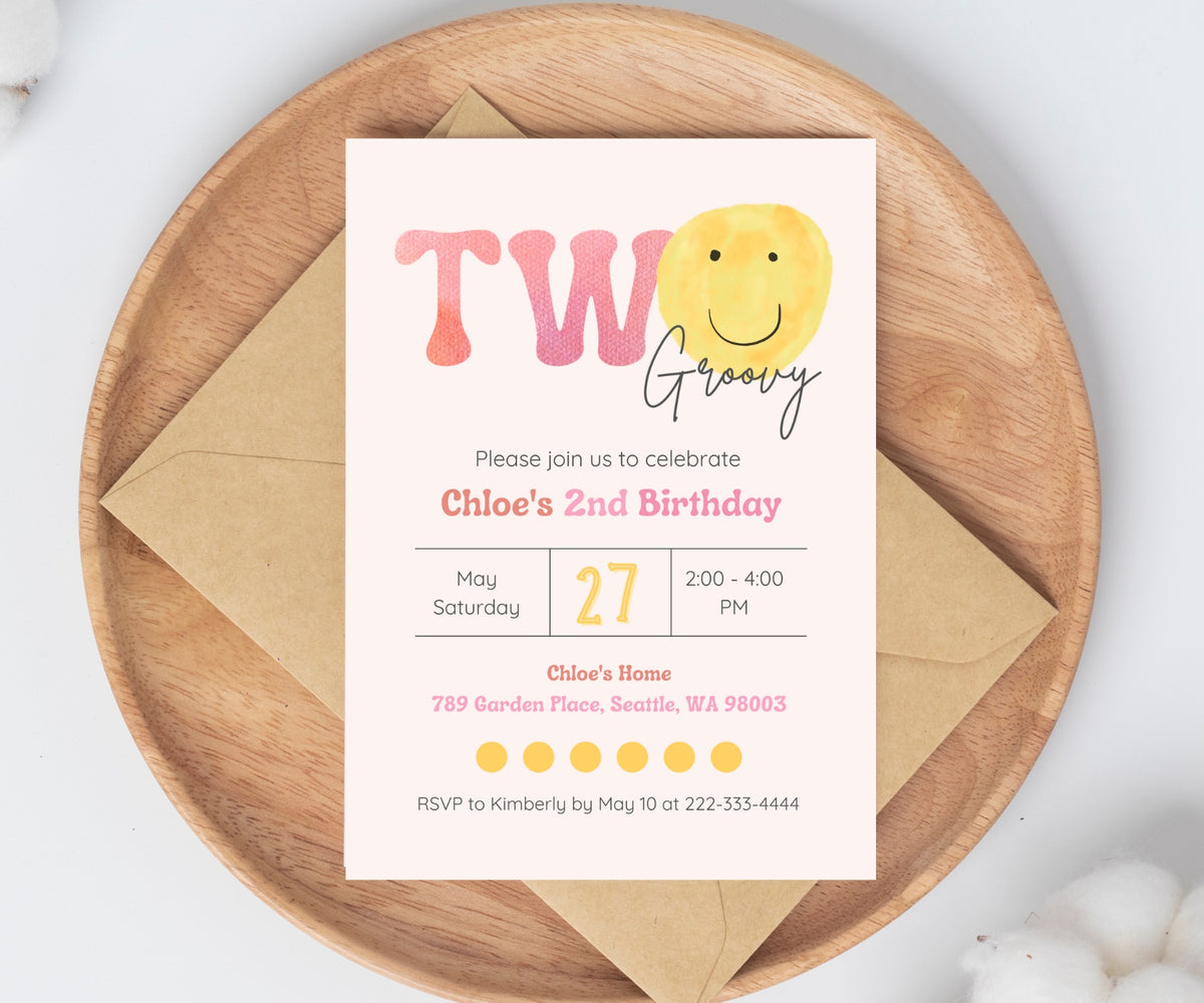 Editable Digital Watercolor Smile Face TWO Groovy 2nd Birthday Party Invitation - Canva Template